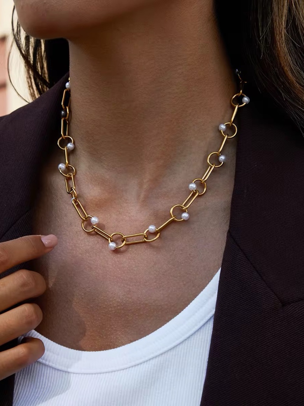 18K Gold Plated Faux Pearl Link Necklace